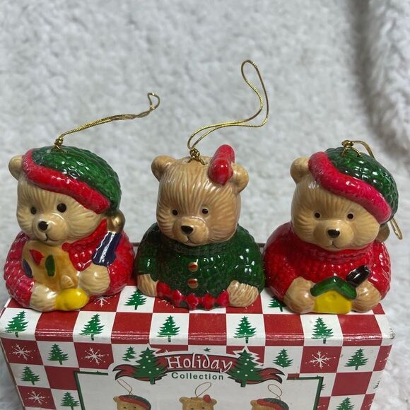 New in Box set of 3PC  ceramic Bear Bell Ornament Red ,Green & Tan colors - Picture 7 of 12